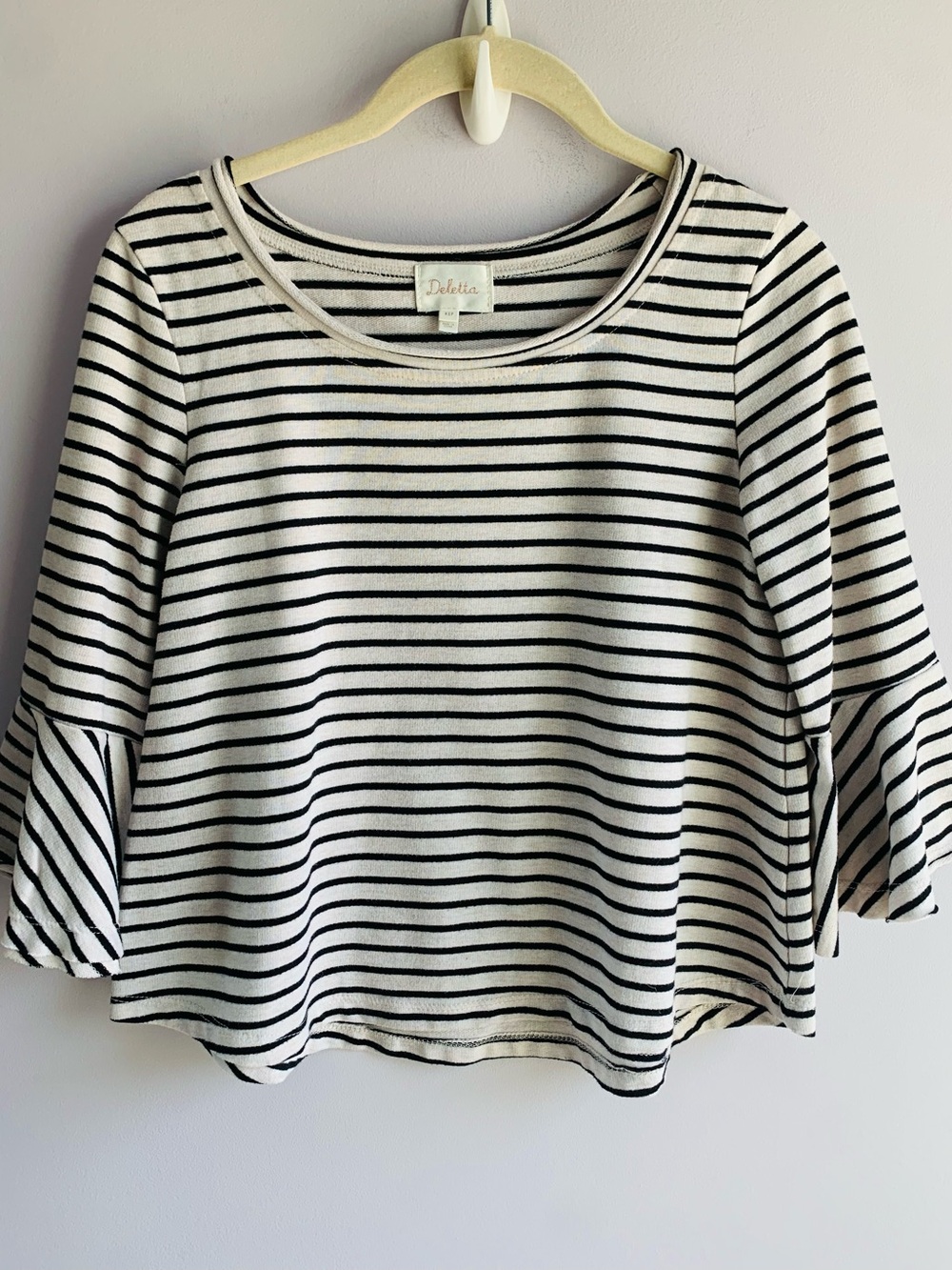 Deletta Celina Knit Top Black Cream Stripes Bell Sleeve Cotton EUC Petite XS